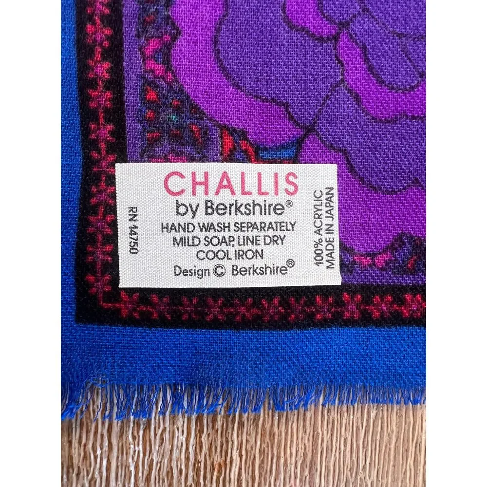 Vintage Challis by Berkshire Floral Scarf Blue Purple Pink made in Japan 31”